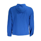 Calvin Klein blue polyester men's sports jacket displayed on a hanger, featuring a sleek design and sporty fit.