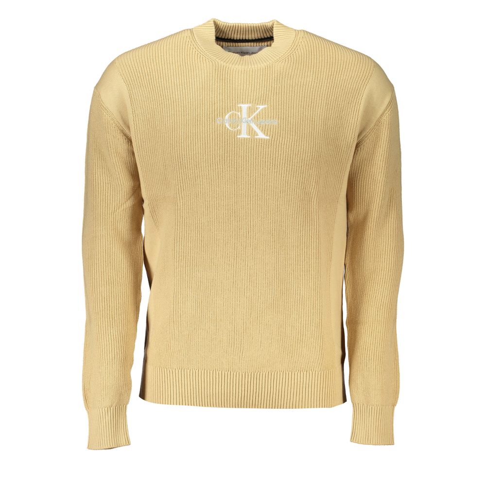 Calvin Klein beige cotton men's sweater displayed on a hanger, showcasing a classic crew neck design and soft fabric texture.