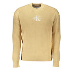 Calvin Klein beige cotton men's sweater displayed on a hanger, showcasing a classic crew neck design and soft fabric texture.
