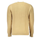 Calvin Klein beige cotton men's sweater displayed on a hanger with a ribbed collar and cuffs.