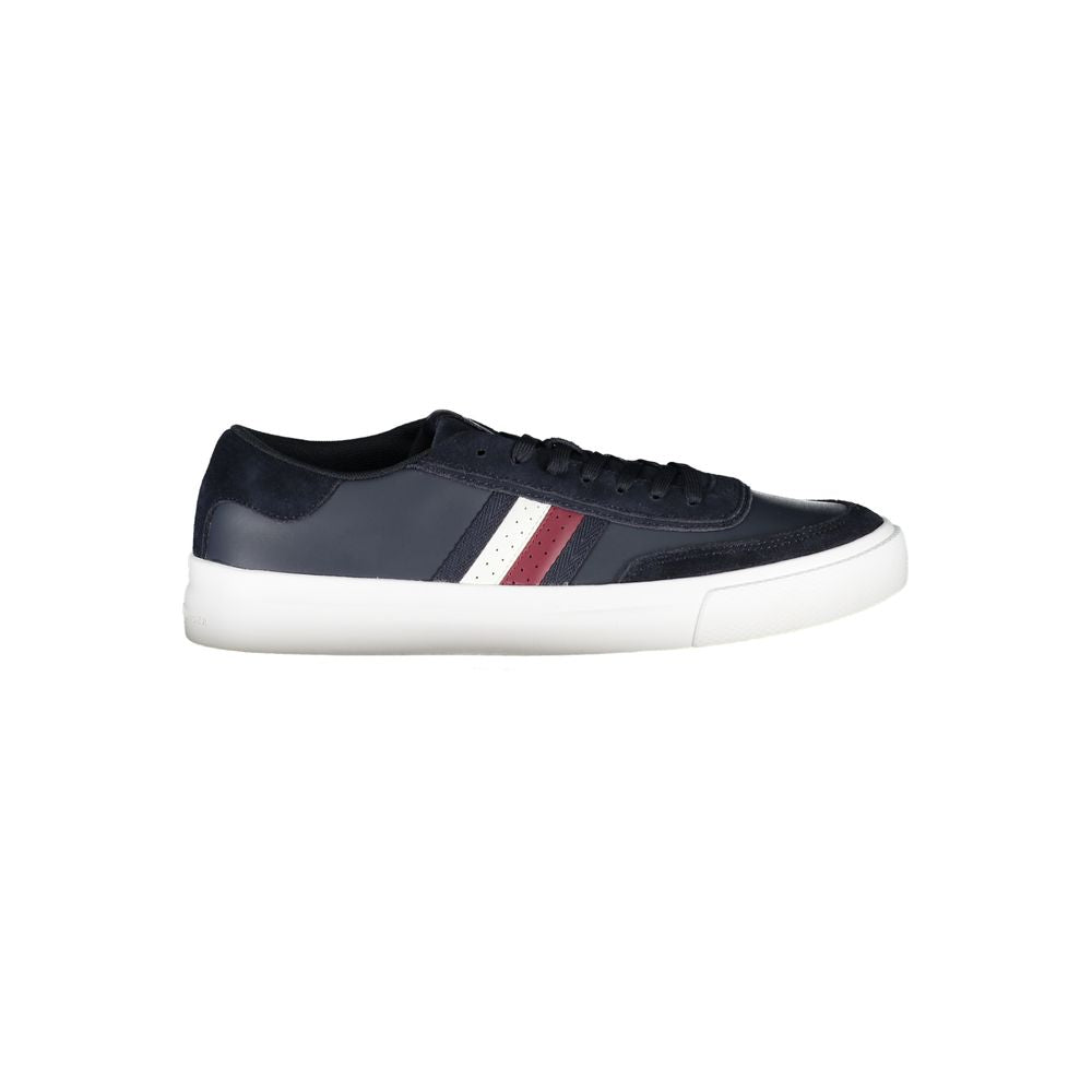 Tommy Hilfiger blue leather men's sneaker with white sole and laces, stylish casual footwear for everyday wear.