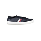 Tommy Hilfiger blue leather men's sneaker with white sole and laces, stylish casual footwear for everyday wear.