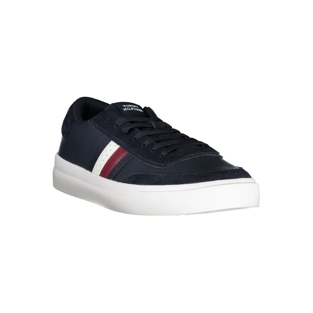 Tommy Hilfiger blue leather men's sneaker with white sole and branding, showcasing stylish casual footwear for men.