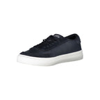 Tommy Hilfiger blue leather men's sneaker with white sole and classic branding, stylish casual footwear.