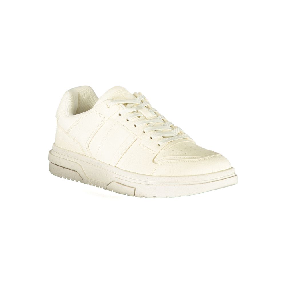 White polyester women's sandal by Tommy Hilfiger featuring a simple strap design and branded logo on the sole.