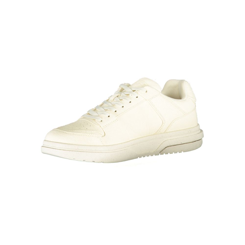 White polyester women's sandal by Tommy Hilfiger with open toe and ankle strap, stylish casual footwear for warm weather.