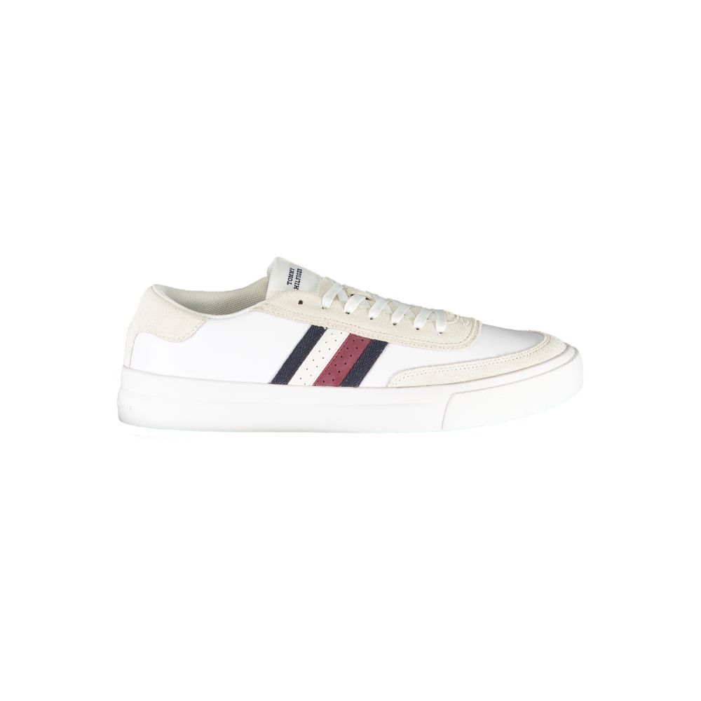 Tommy Hilfiger white leather men's sneaker with classic design, featuring laces and a logo on the side.