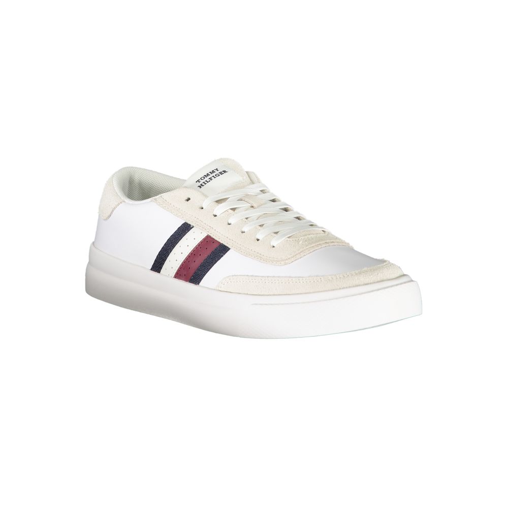 White leather Tommy Hilfiger men's sneaker with a sleek design, featuring the brand’s logo on the side.