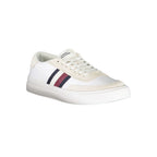 White leather Tommy Hilfiger men's sneaker with a sleek design, featuring the brand’s logo on the side.