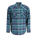 Wrangler Verde cotton men's shirt with button-down front and long sleeves, casual style, shown on a hanger.