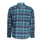 Wrangler Verde cotton men's shirt displayed flat, showcasing the collared design and button-down front in a vibrant green color.