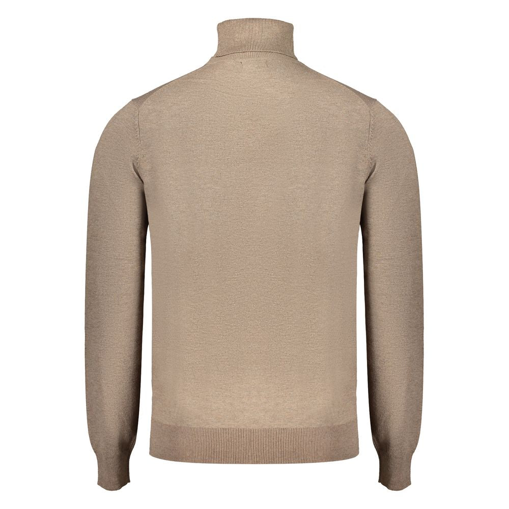 Norway 1963 Marrone poliammide men's sweater with ribbed cuffs and collar, displayed on a hanger.