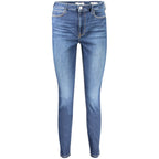 Guess Jeans blu cotton women’s jeans, fitted style with classic five-pocket design and belt loops, front and back view.