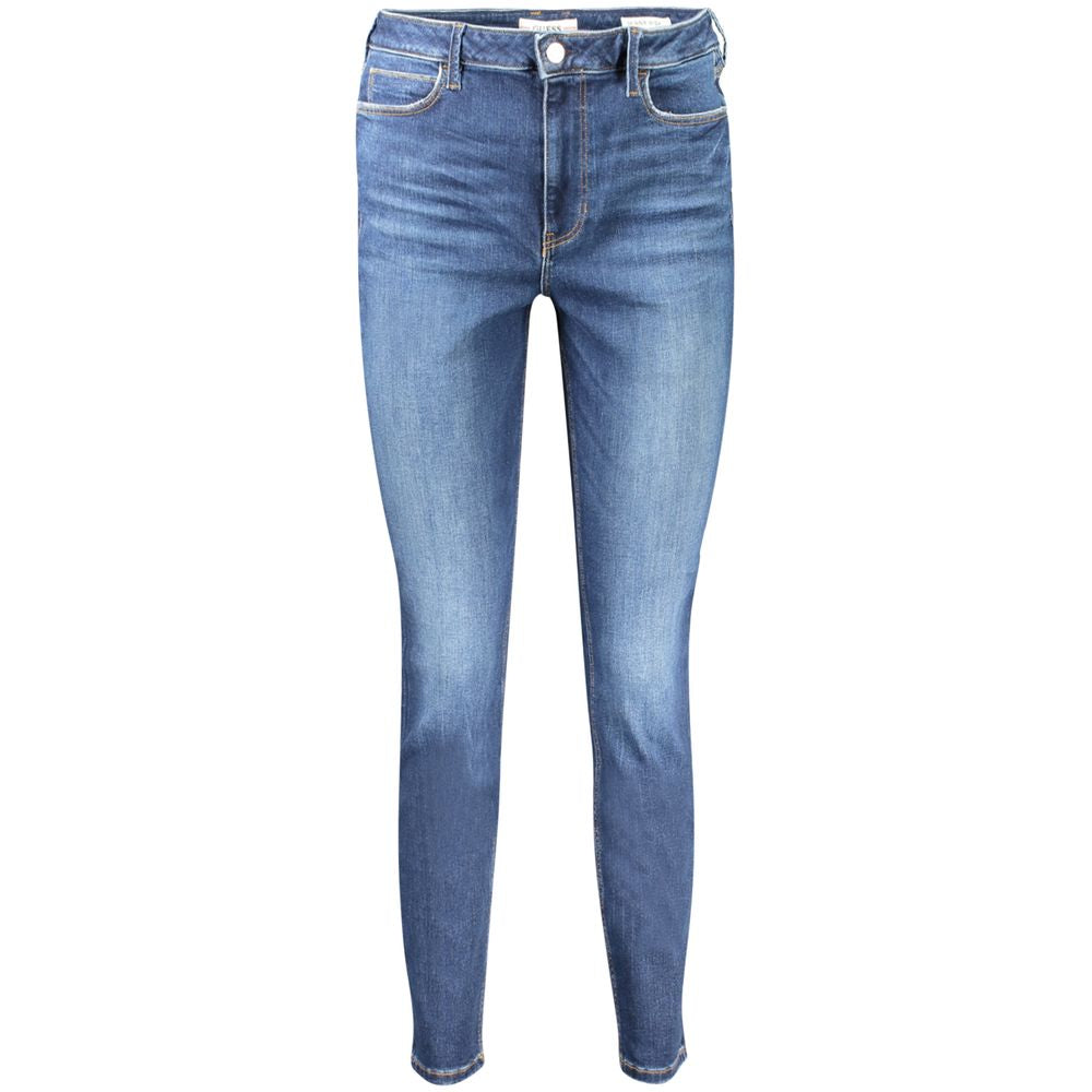 Guess Jeans blu cotton women’s jeans, fitted style with classic five-pocket design and belt loops, front and back view.