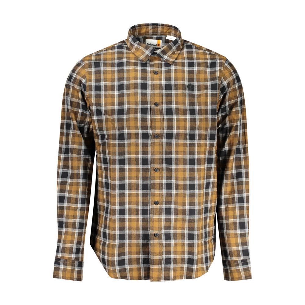 Timberland men's brown cotton shirt with collar and button front, casual style, displayed on a hanger.