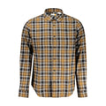 Timberland men's brown cotton shirt with collar and button front, casual style, displayed on a hanger.