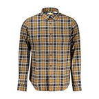 Timberland men's brown cotton shirt with collar and button front, casual style, displayed on a hanger.