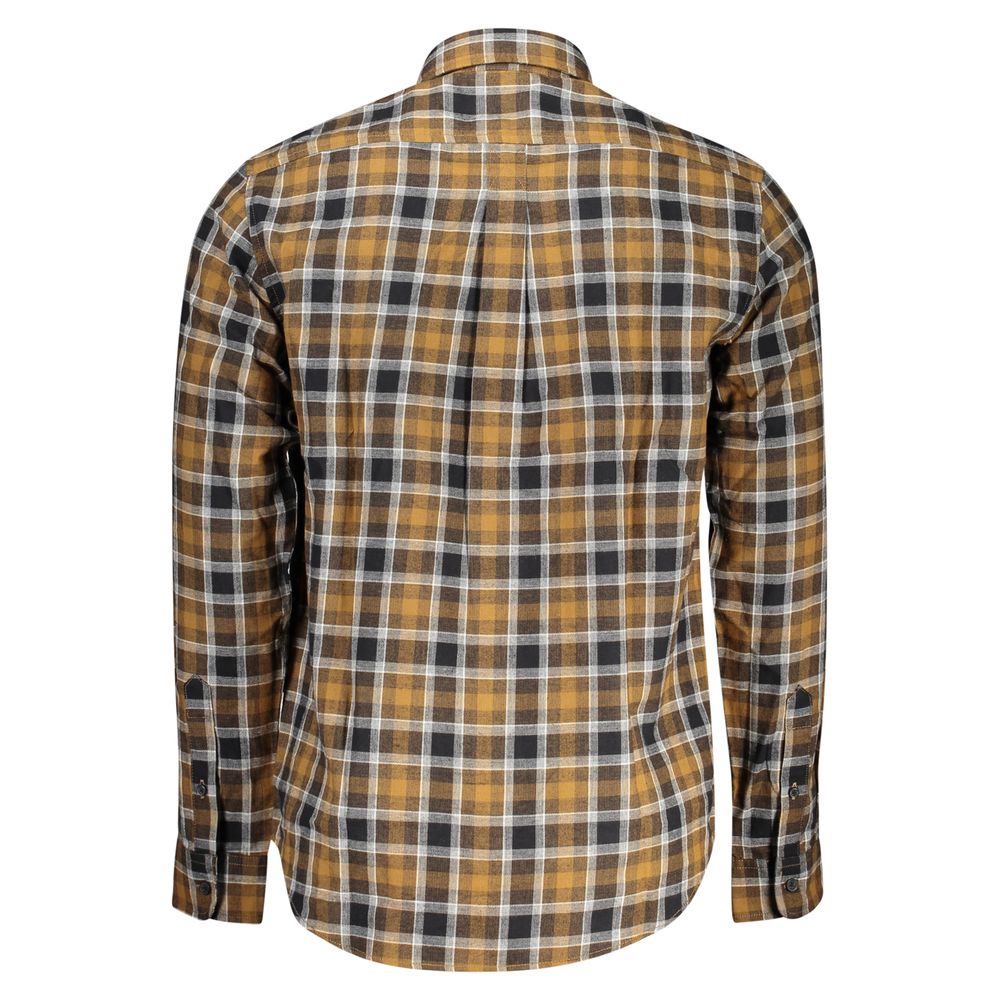 Timberland men's brown cotton shirt with button-up front and collar, casual style, shown on a hanger.