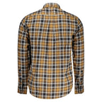 Timberland men's brown cotton shirt with button-up front and collar, casual style, shown on a hanger.