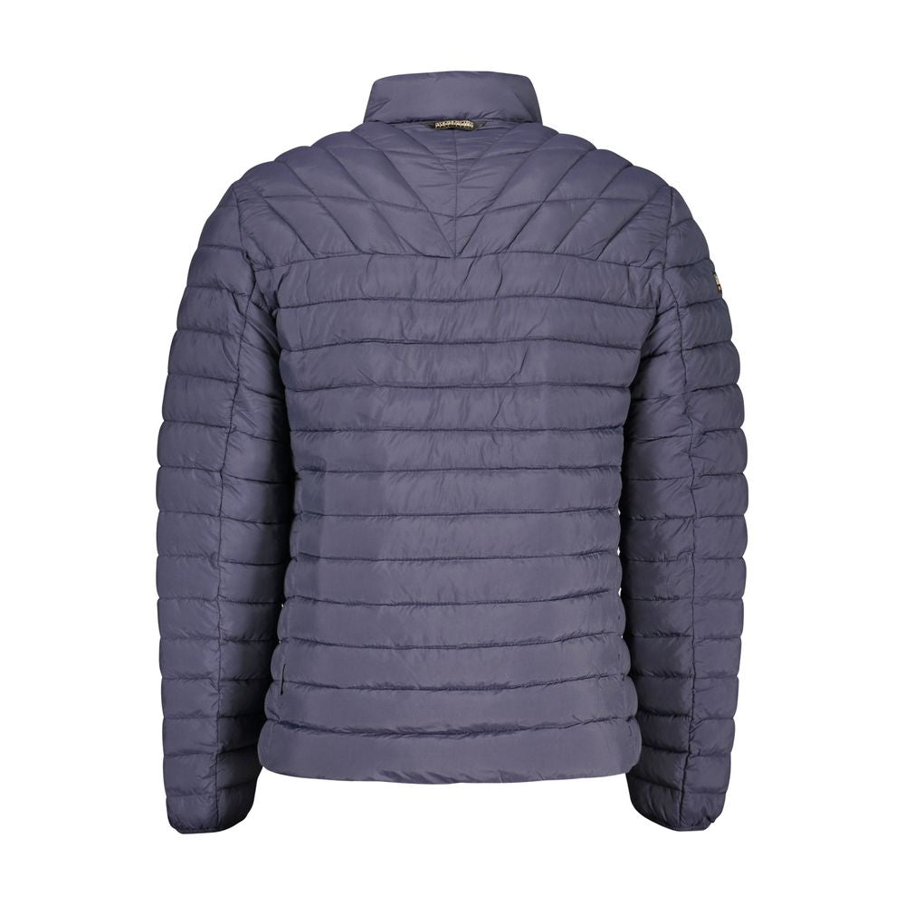 Napapijri men's blue poliammide jacket with a hood, front zipper, and adjustable cuffs, suitable for casual outdoor wear.