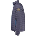 Men's Napapijri Blu Poliammide jacket, lightweight navy blue outerwear with a zip front and brand logo, suitable for casual wear.