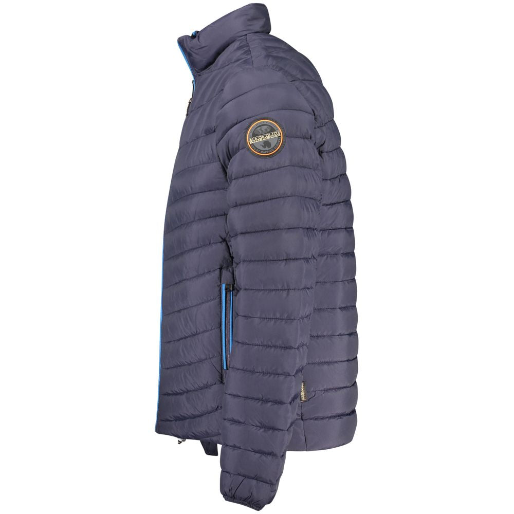 Men's Napapijri Blu Poliammide jacket, lightweight navy blue outerwear with a zip front and brand logo, suitable for casual wear.