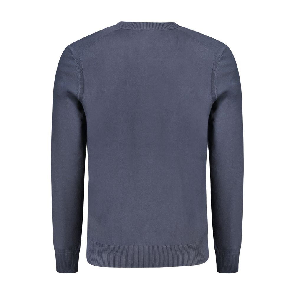 Hugo Boss blue cotton men's long-sleeved T-shirt displayed flat, showing a classic crew neck and smooth fabric texture.