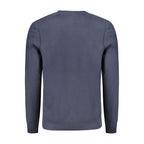 Hugo Boss blue cotton men's long-sleeved T-shirt displayed flat, showing a classic crew neck and smooth fabric texture.