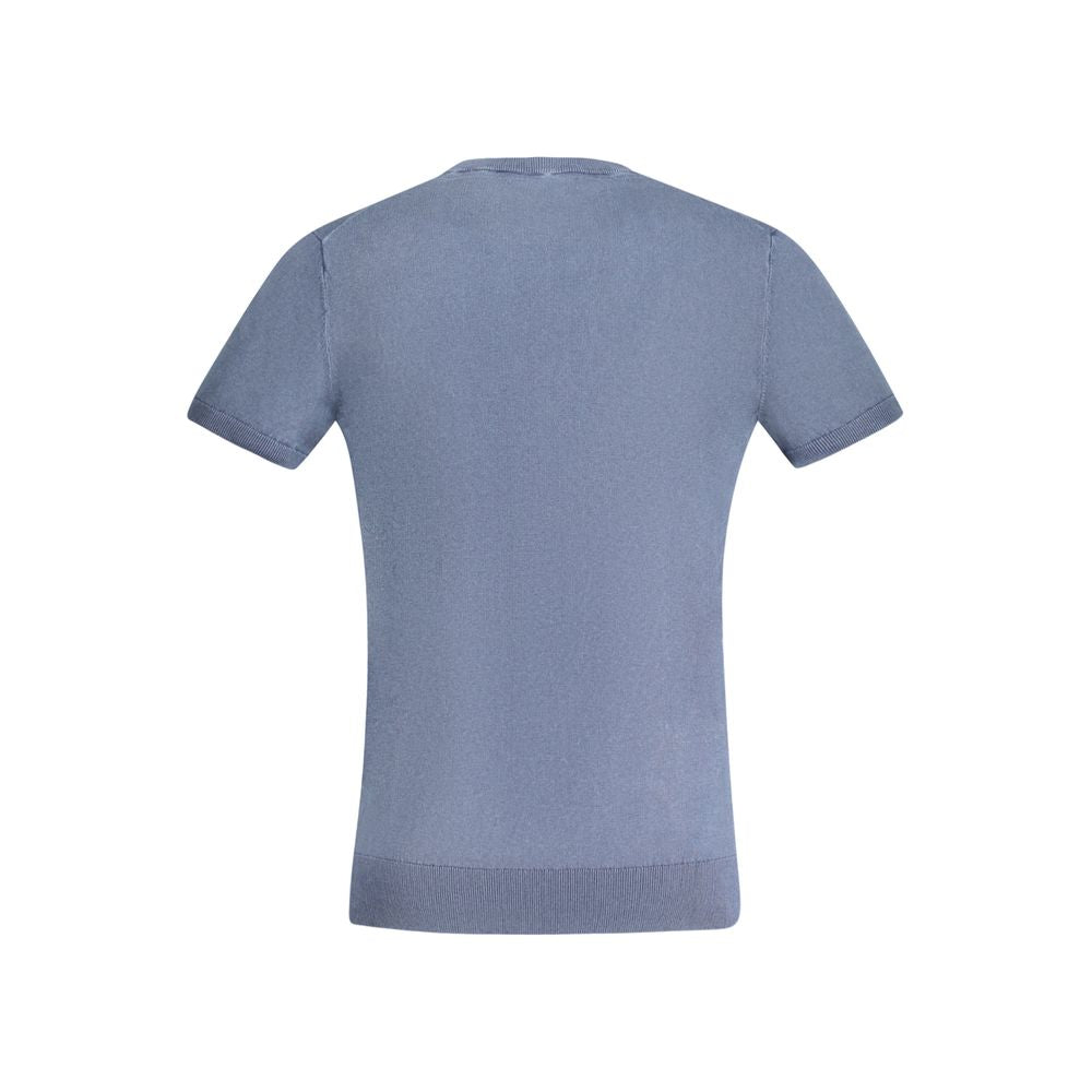 Guess Jeans Blu cotton men's T-shirt displayed flat, featuring a classic crew neck and short sleeves in vibrant blue fabric.