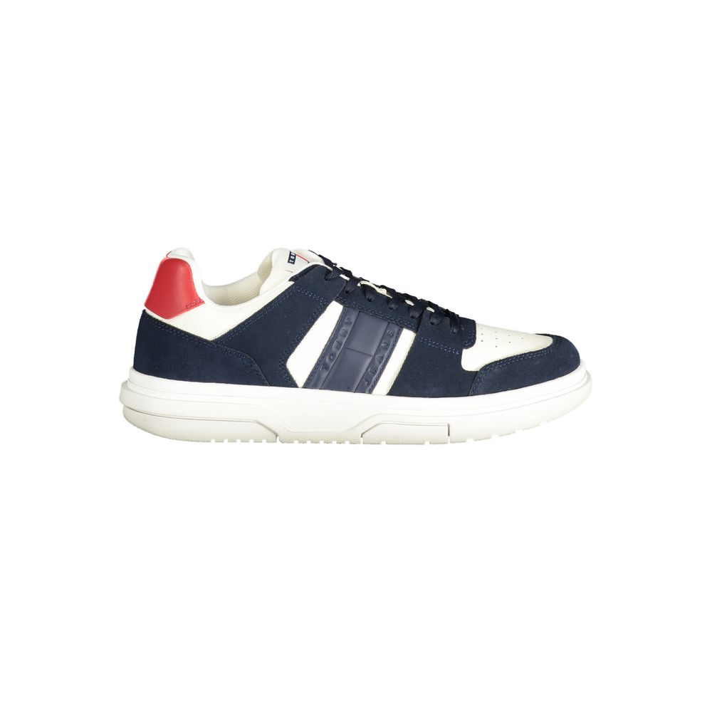 Tommy Hilfiger blue leather men's sneaker with white sole and stylish design, perfect for casual wear.
