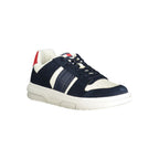 Tommy Hilfiger blue leather men's sneaker with white sole and logo detail, stylish casual footwear.