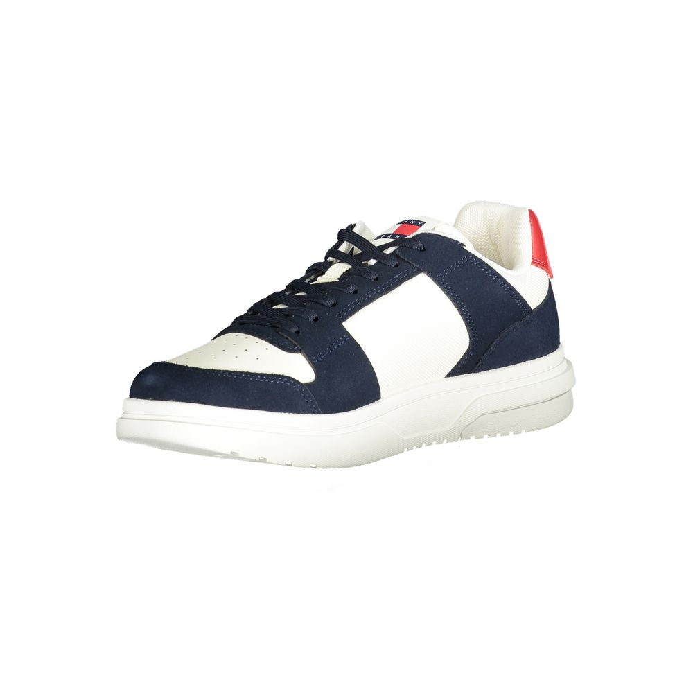 Tommy Hilfiger blue leather men's sneaker with white sole and classic design, featuring brand logo details.
