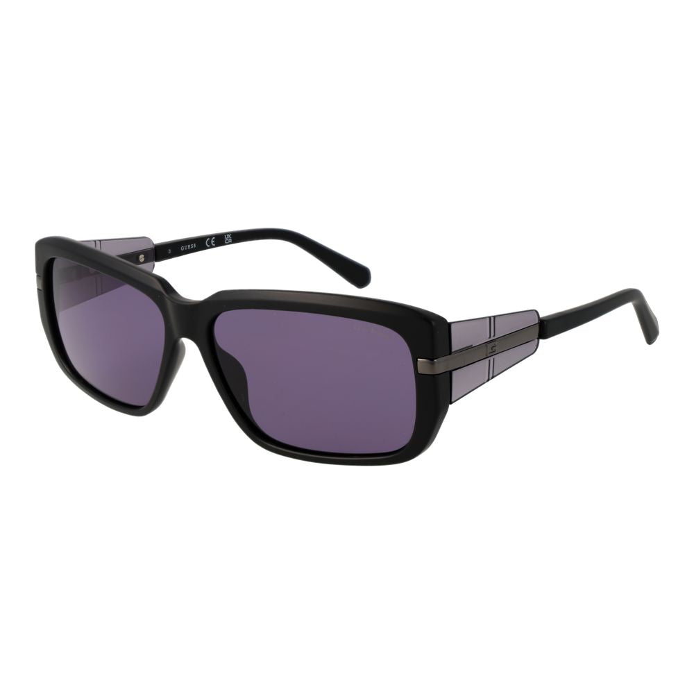 Guess black plastic sunglasses with dark tinted lenses and a sleek, modern frame design.