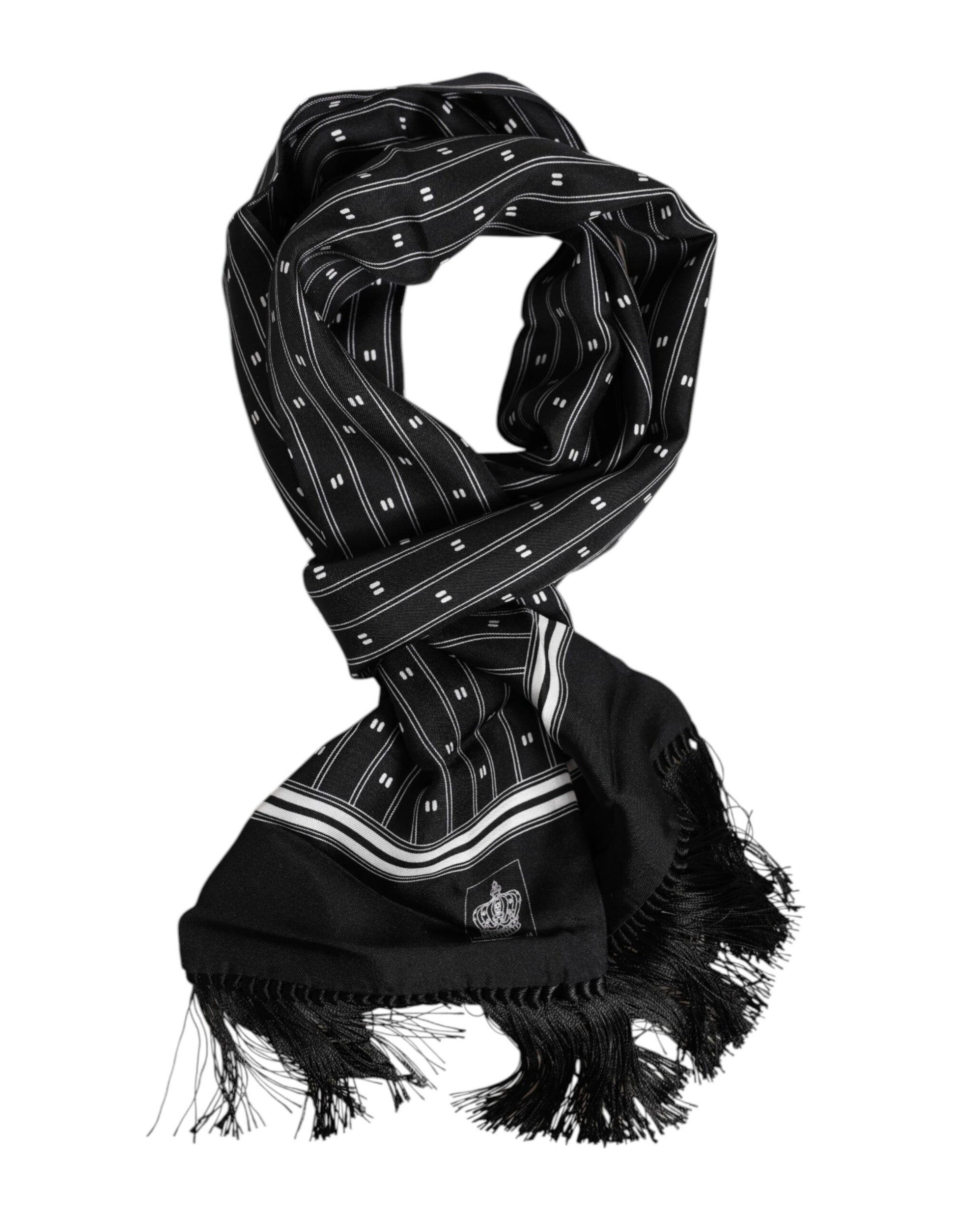 Dolce & Gabbana Black Silk Printed Fringes Men Foulard Scarf Dolce & Gabbana