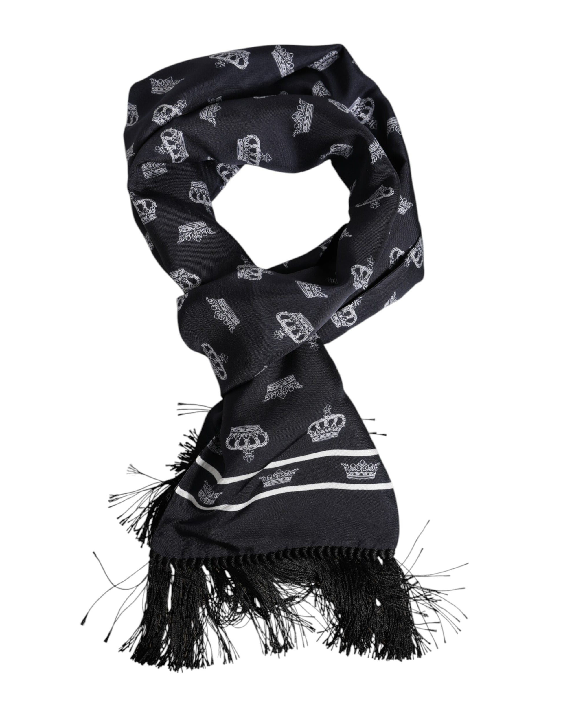 Dolce & Gabbana Black Silk Crown Fringes Men Foulard Scarf
