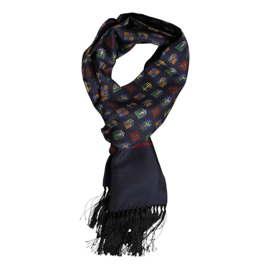 Dolce & Gabbana Blue Silk Printed Fringes Foulard Scarf