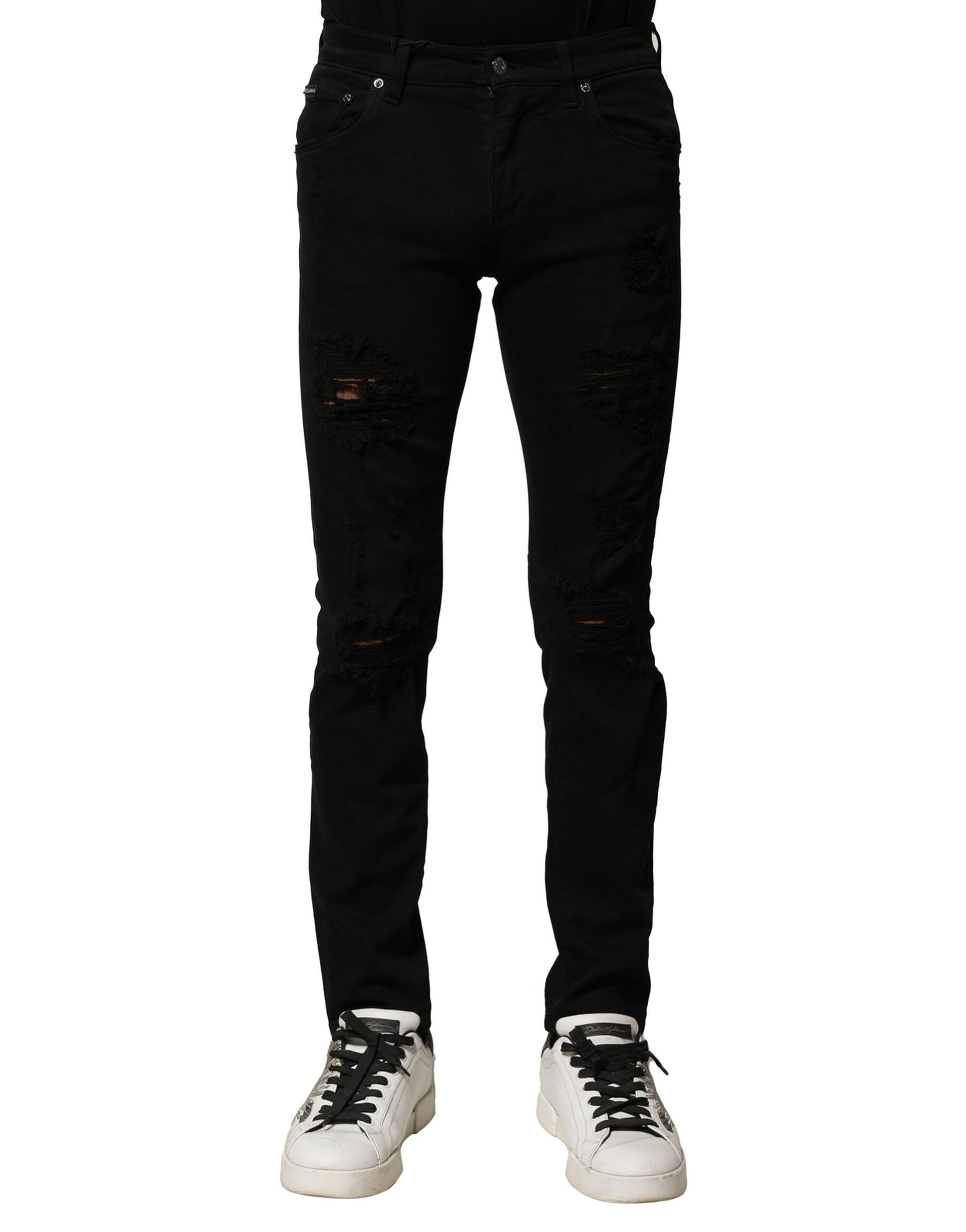 Dolce & Gabbana Black Cotton Logo Plaque Slim Denim Jeans Dolce & Gabbana