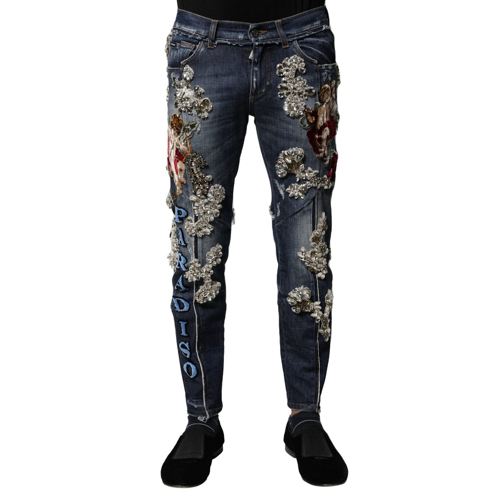 Dolce & Gabbana Blue Cotton Rhinestone Embellish Denim Jeans