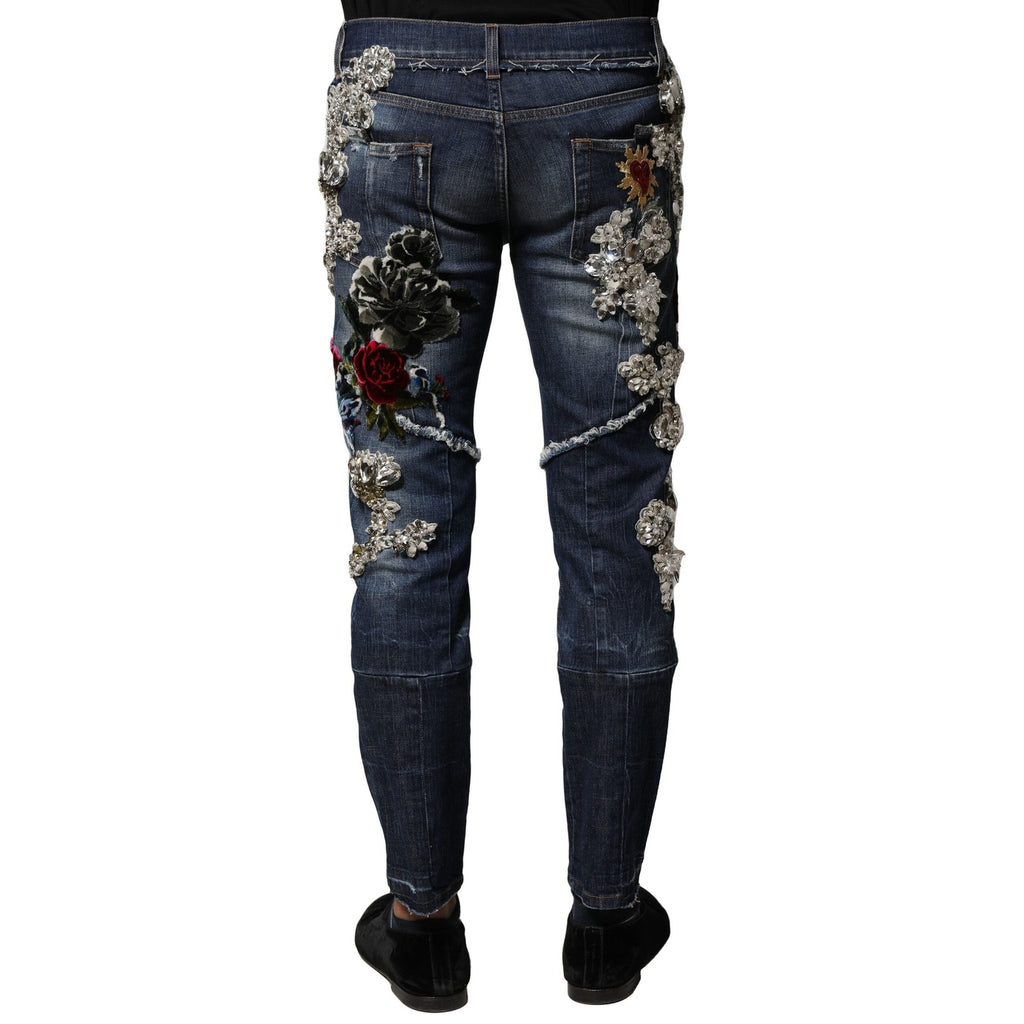 Dolce & Gabbana Blue Cotton Rhinestone Embellish Denim Jeans