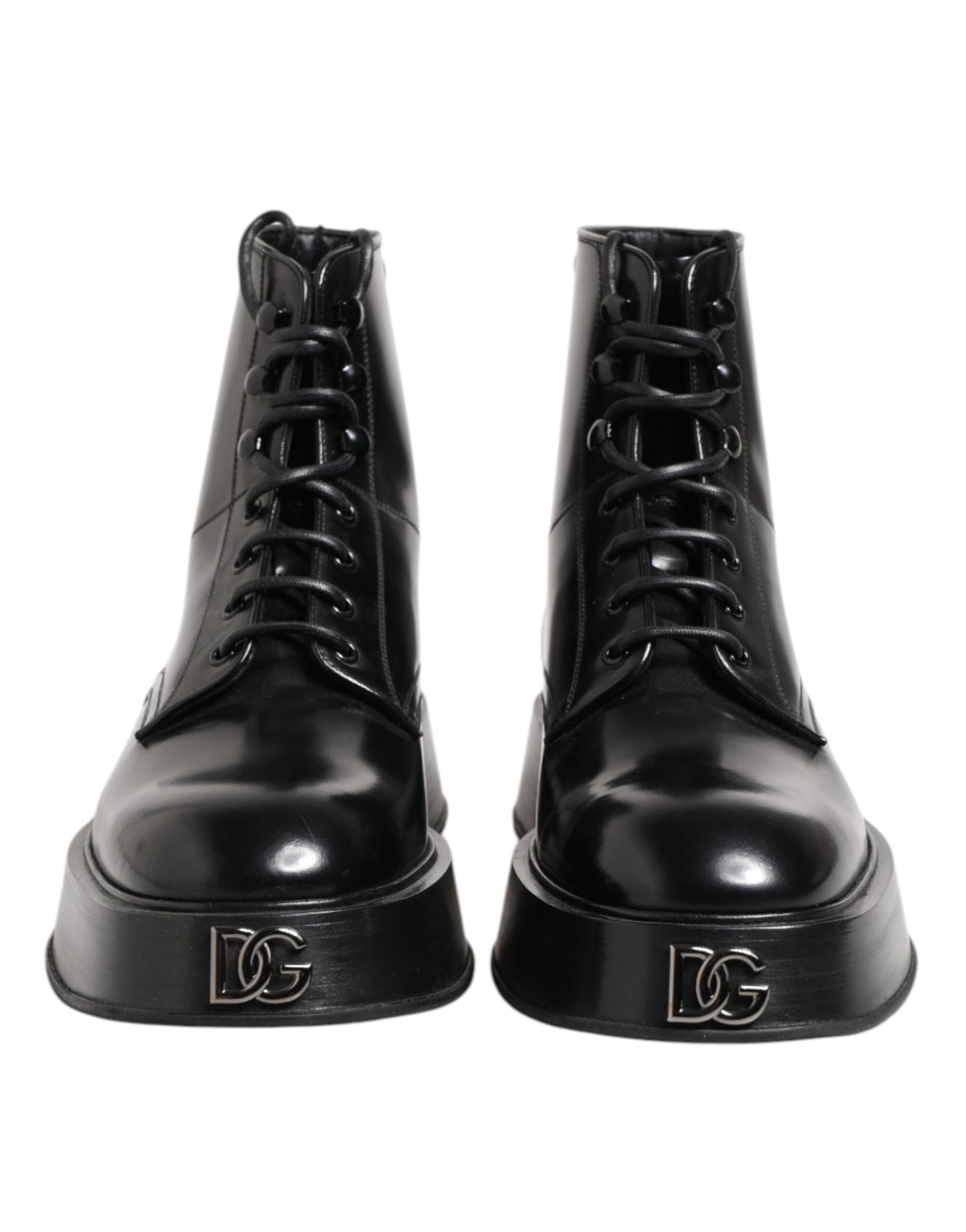 Dolce & Gabbana Black Leather Logo Ankle Boots Lace Up Shoes Dolce & Gabbana