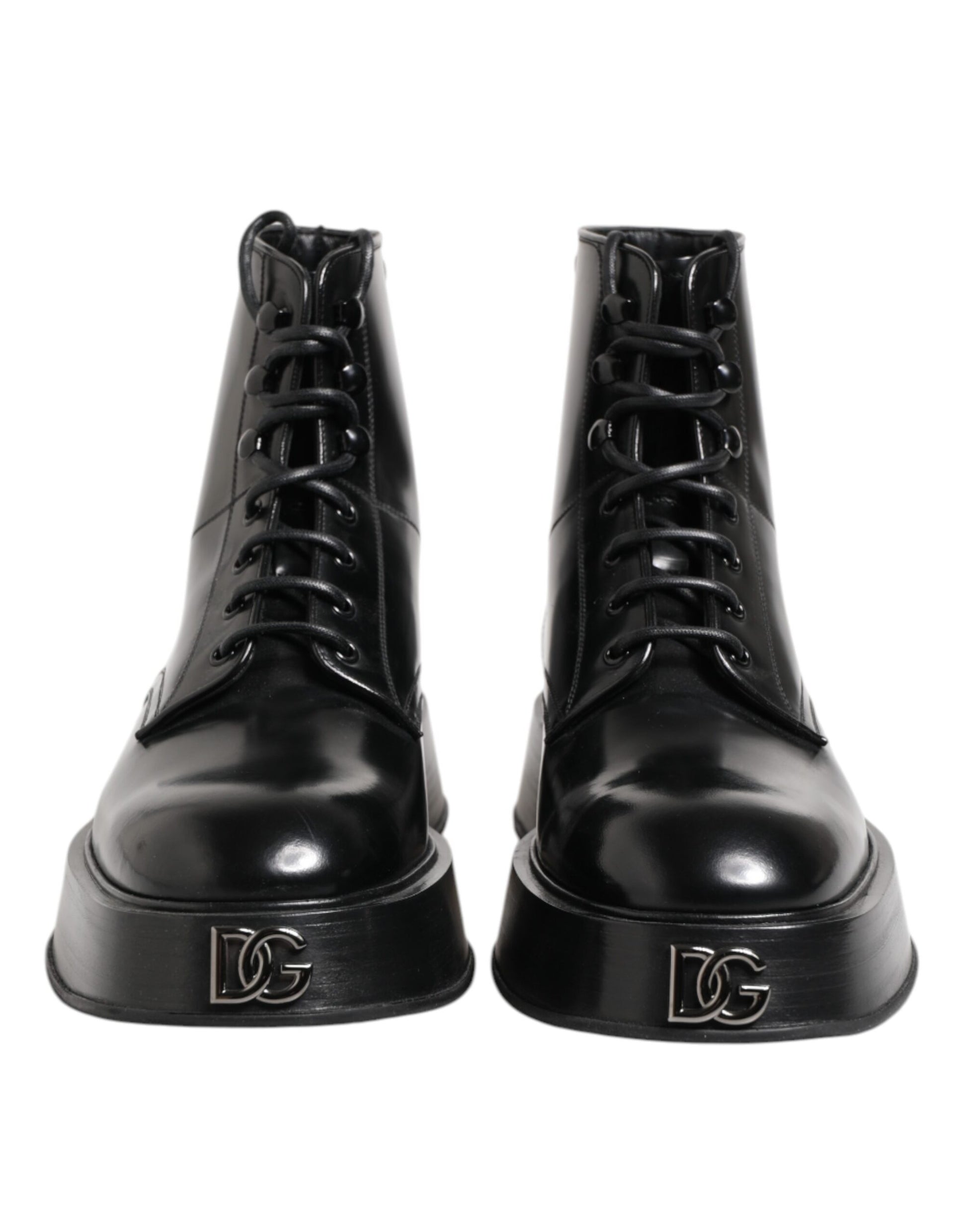 Dolce & Gabbana Black Leather Logo Ankle Boots Lace Up Shoes Dolce & Gabbana