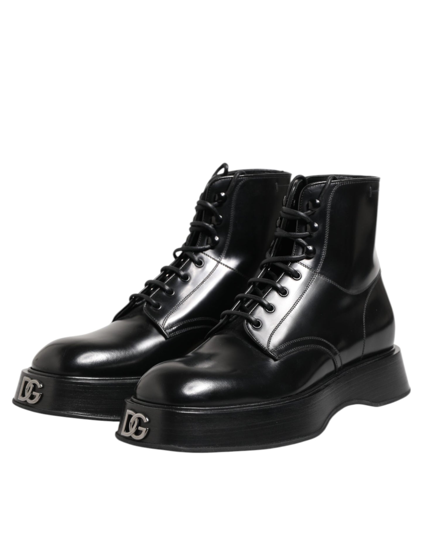 Dolce & Gabbana Black Leather Logo Ankle Boots Lace Up Shoes Dolce & Gabbana