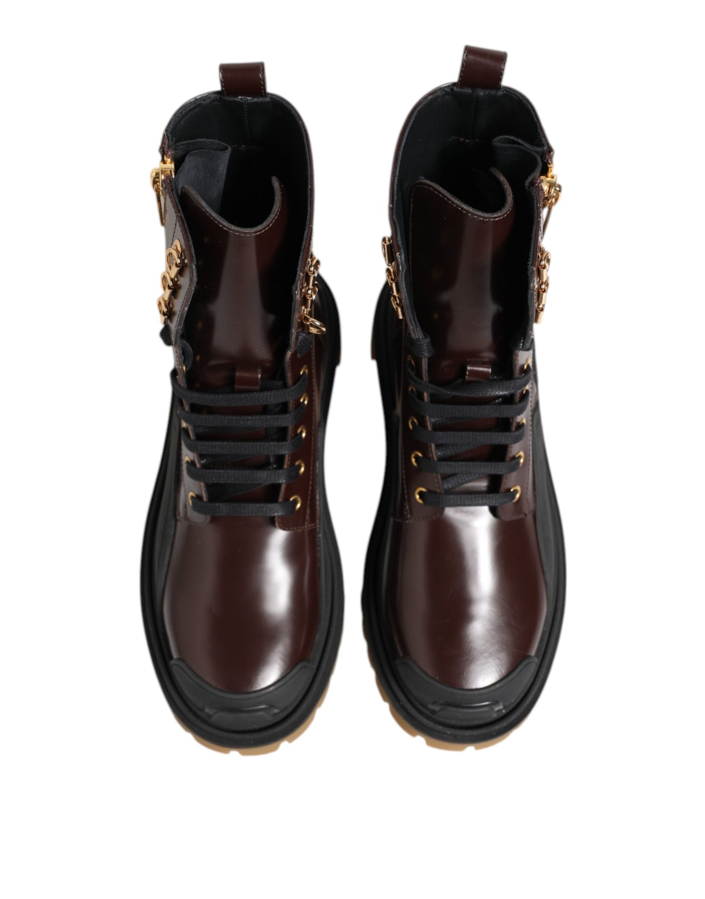 Dolce & Gabbana Brown Black Leather Boots Zipper Lace Up Shoes Dolce & Gabbana