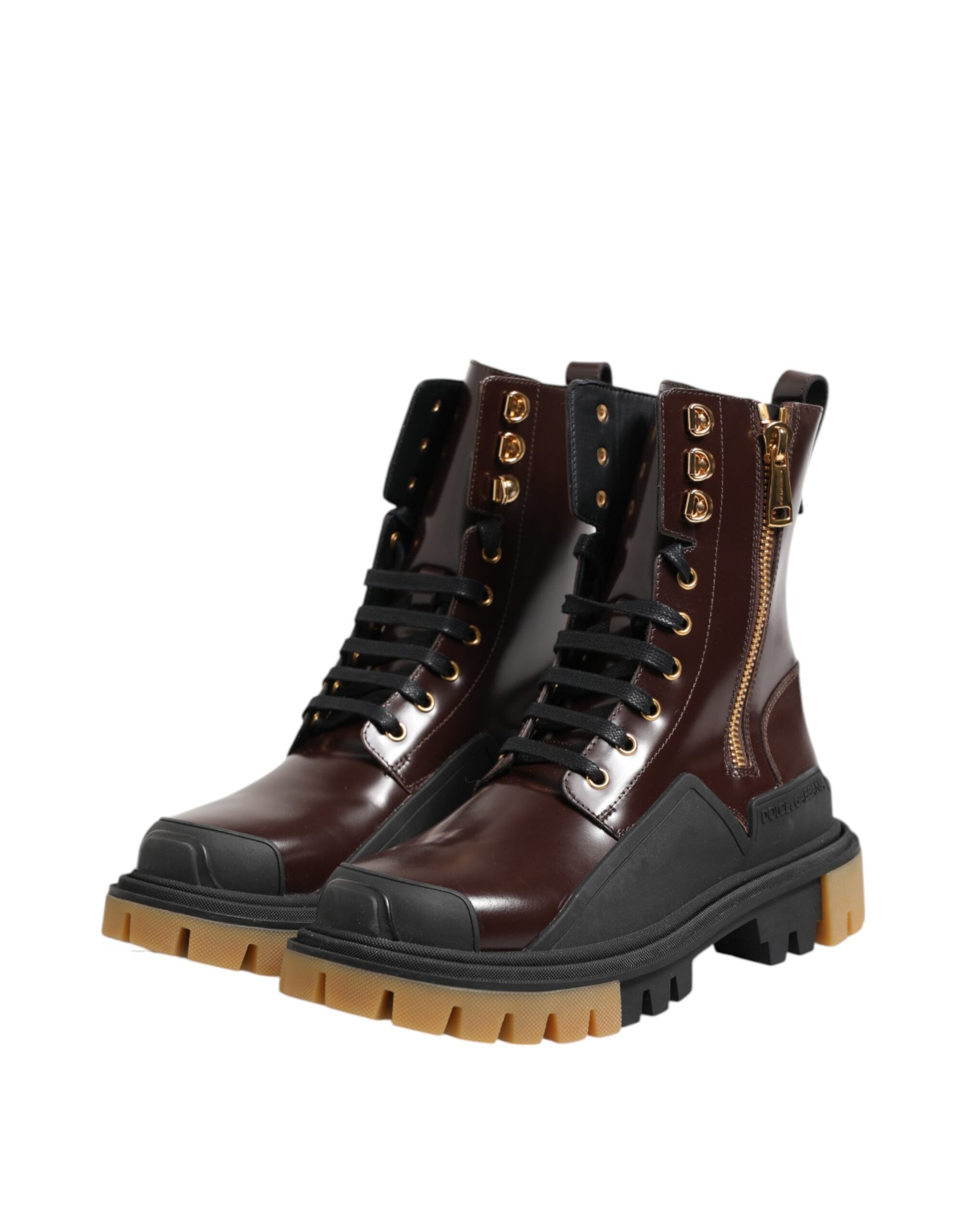 Dolce & Gabbana Brown Black Leather Boots Zipper Lace Up Shoes Dolce & Gabbana