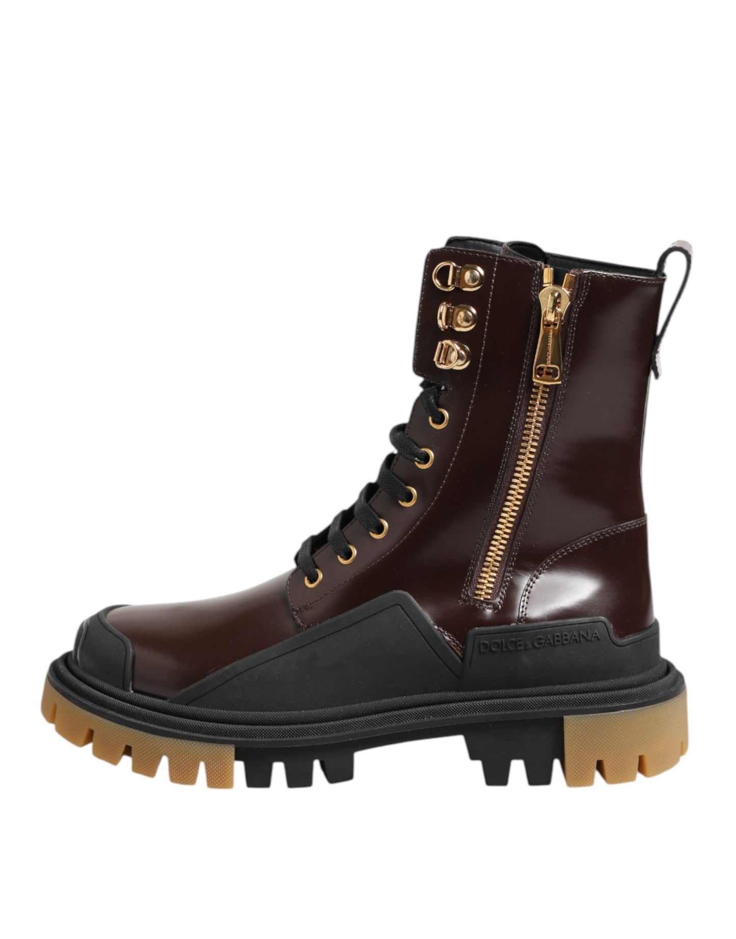 Dolce & Gabbana Brown Black Leather Boots Zipper Lace Up Shoes Dolce & Gabbana