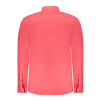 North Sails Rosso cotton men's shirt displayed on a hanger, featuring a classic collar and long sleeves in a vibrant red color.