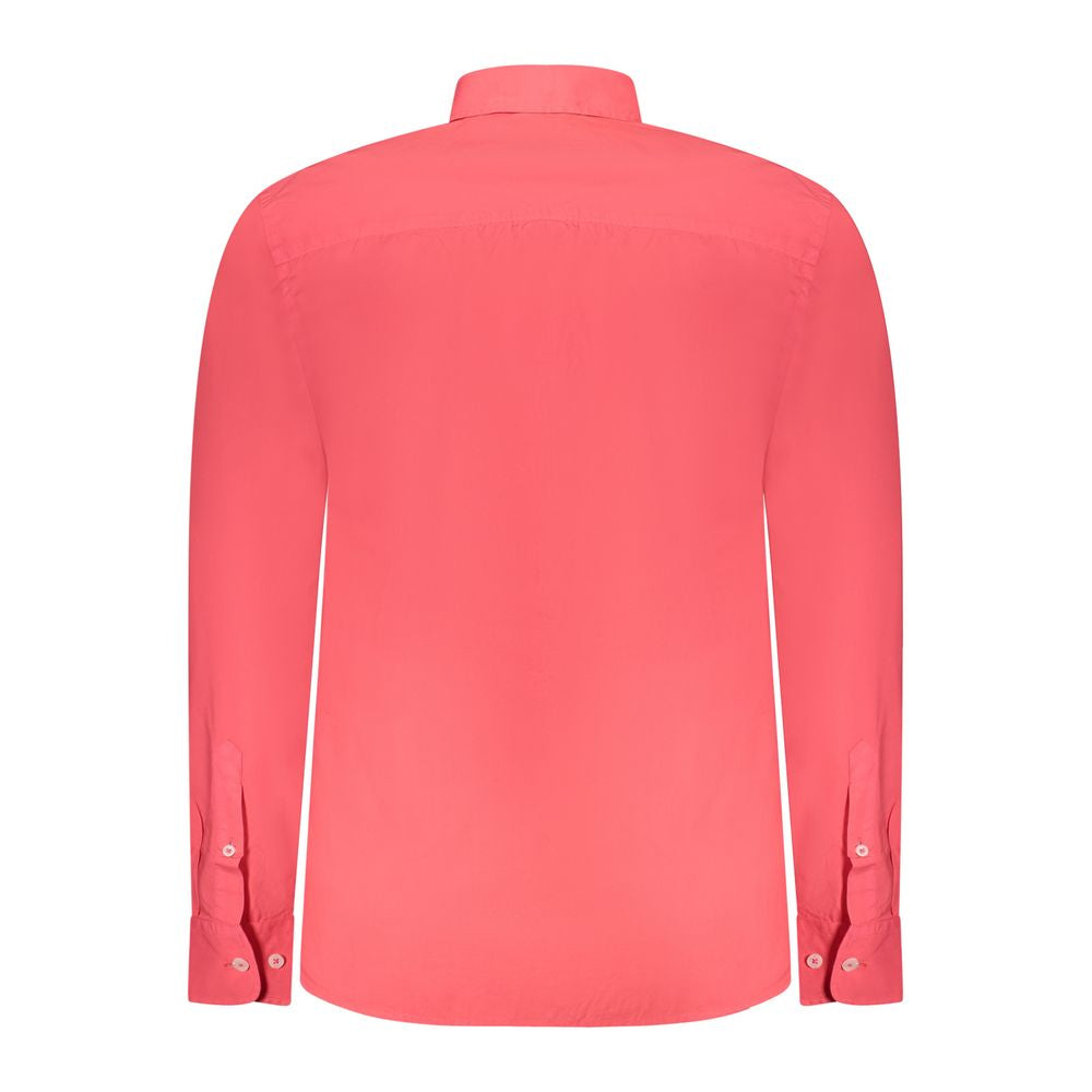 North Sails Rosso cotton men's shirt displayed on a hanger, featuring a classic collar and long sleeves in a vibrant red color.