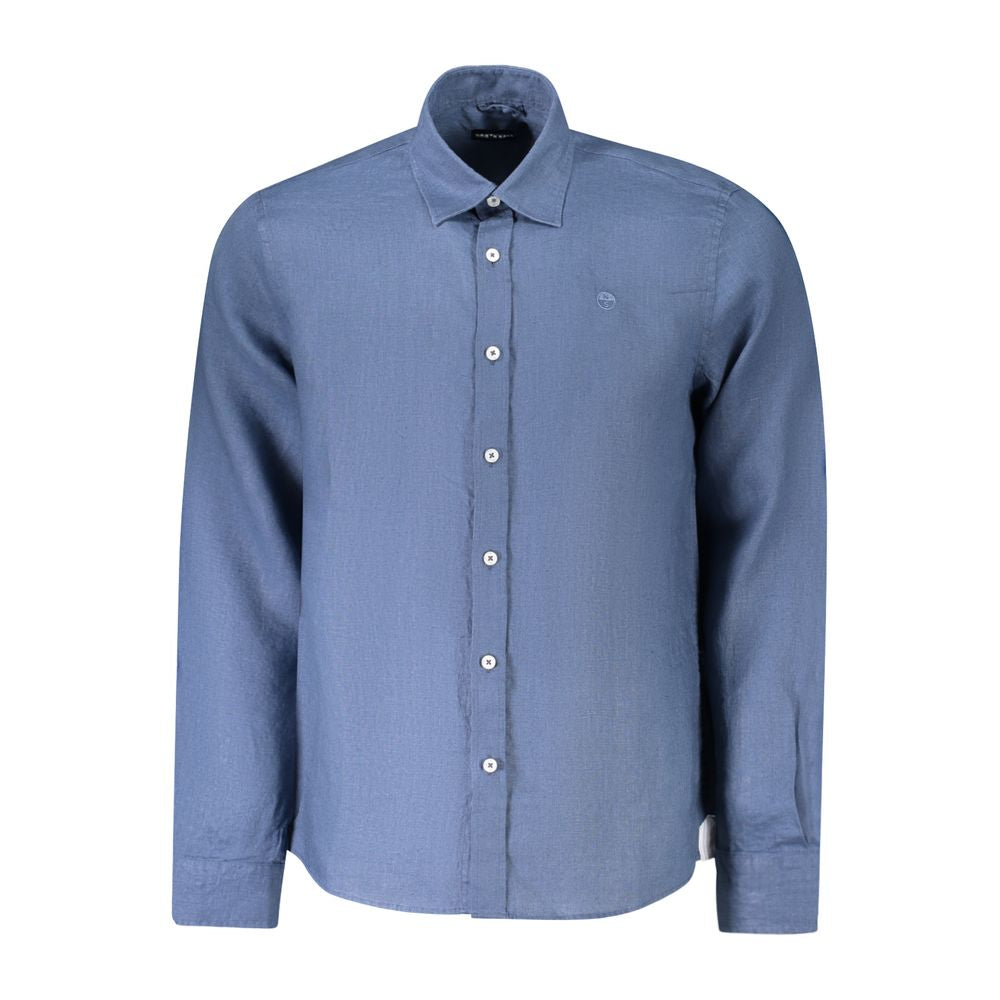 North Sails blue linen men's shirt hanging on a wooden hanger, showcasing casual summer style and breathable fabric.