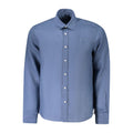 North Sails blue linen men's shirt hanging on a wooden hanger, showcasing casual summer style and breathable fabric.