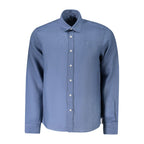 North Sails blue linen men's shirt hanging on a wooden hanger, showcasing casual summer style and breathable fabric.